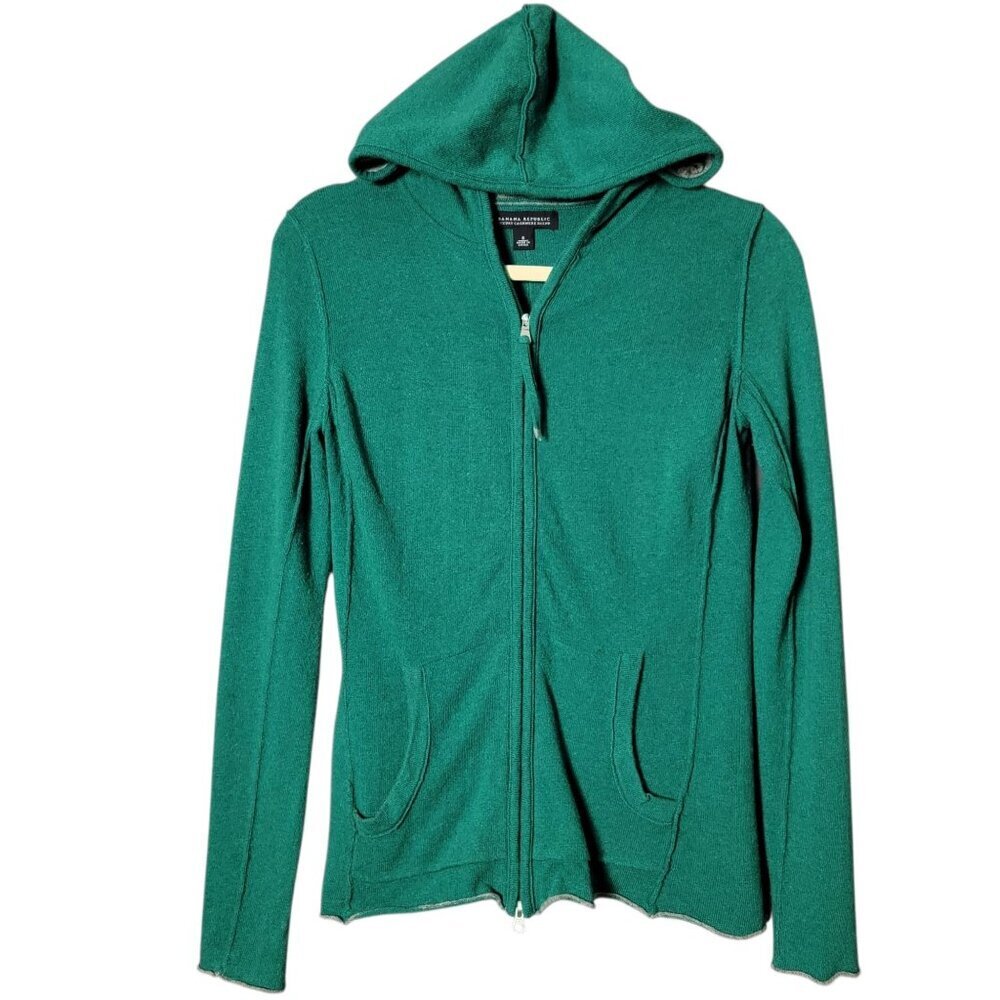 Banana Republic Womens Y2K Green Wool Cashmere Full Zip Hooded Sweater Small